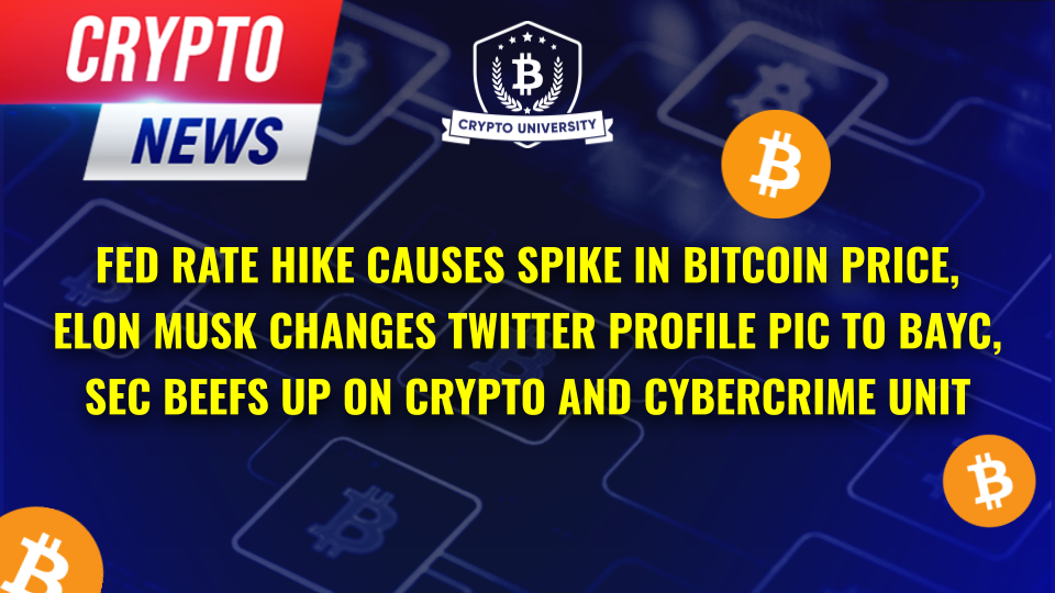 Fed Rate Hike Causes Spike In Bitcoin Price, Elon Musk Changes Twitter Profile Pic to BAYC, SEC Beefs Up on Crypto and Cybercrime Unit