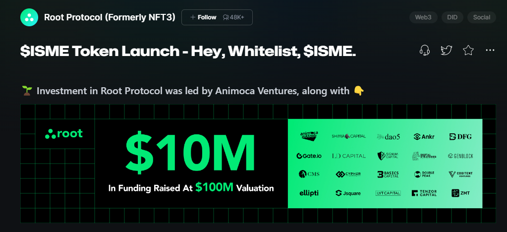 Image showing the funding received by root protocol to create their native token $ISME